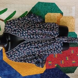 Max Studio tie front ruffle sleeve navy, red ivory floral print blouse Size M